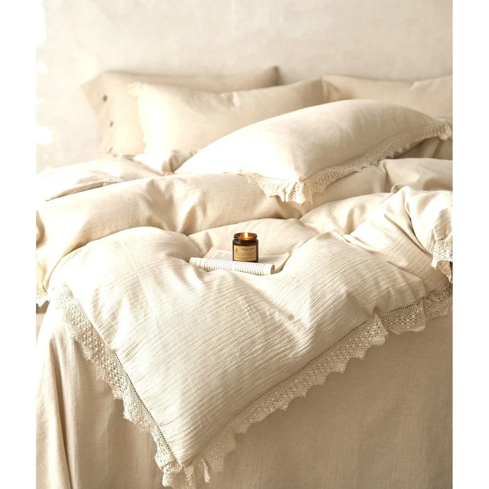 Luna Lace Linen Duvet Cover Set With 2 Pillowcase Top Grade & Natural King